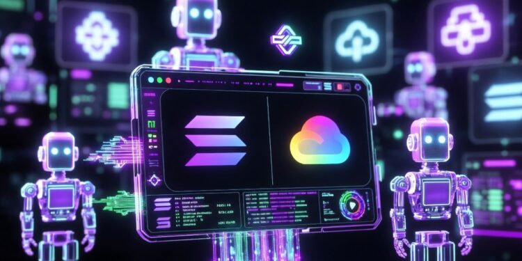 Imagen futurista del lanzamiento de la pasarela de pagos con IA de Solana y Google Cloud, con logos oficiales y agentes inteligentes holográficos.