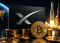 Logo de SpaceX con monedas de bitcoin y en el fondo una nave espacial