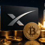 Logo de SpaceX con monedas de bitcoin y en el fondo una nave espacial