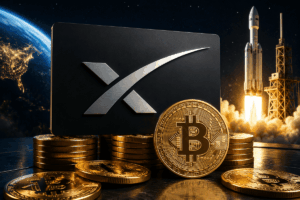Logo de SpaceX con monedas de bitcoin y en el fondo una nave espacial