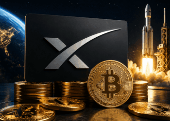 Logo de SpaceX con monedas de bitcoin y en el fondo una nave espacial
