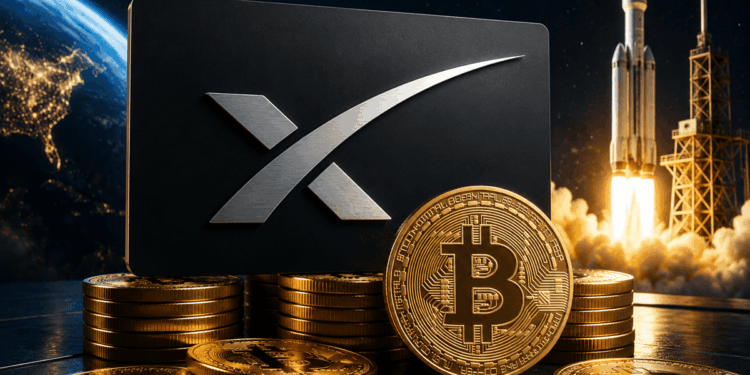 Logo de SpaceX con monedas de bitcoin y en el fondo una nave espacial
