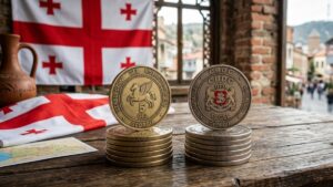 Par de monedas, una que dice STABLECOIN GEL y otra que dice CBDC. En Georgia y su bandera.