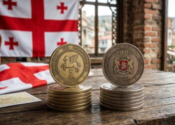 Par de monedas, una que dice STABLECOIN GEL y otra que dice CBDC. En Georgia y su bandera.