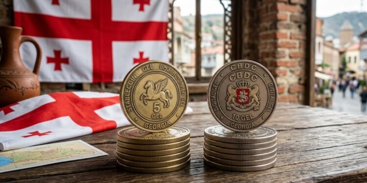 Par de monedas, una que dice STABLECOIN GEL y otra que dice CBDC. En Georgia y su bandera.
