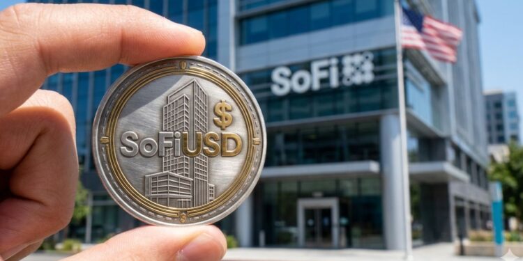 Mano sosteniendo una moneda física con la inscripción "SoFiUSD" en primer plano frente a un edificio moderno de SoFi Bank.