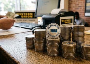 Monedas apiladas con el logo de Western Union sobre un escritorio.