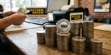 Monedas apiladas con el logo de Western Union sobre un escritorio.