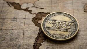 Moneda que tiene grabado el logo de Western Union. Con la silueta de Latinoamérica de fondo.
