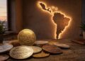 Monedas que tienen grabada la palabra "stablecoin", con la silueta de Latinoamérica en el fondo.