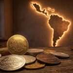 Monedas que tienen grabada la palabra "stablecoin", con la silueta de Latinoamérica en el fondo.