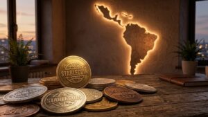 Monedas que tienen grabada la palabra "stablecoin", con la silueta de Latinoamérica en el fondo.
