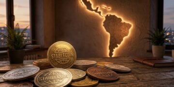 Monedas que tienen grabada la palabra "stablecoin", con la silueta de Latinoamérica en el fondo.