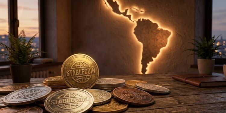 Monedas que tienen grabada la palabra "stablecoin", con la silueta de Latinoamérica en el fondo.