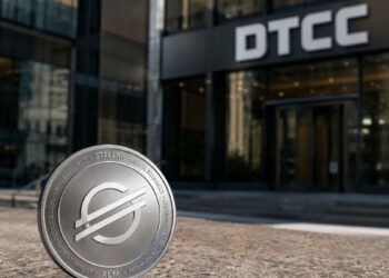 En primer plano: moneda física de Stellar (XLM). En el fondo: edificio corporativo de DTCC.