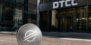 En primer plano: moneda física de Stellar (XLM). En el fondo: edificio corporativo de DTCC.