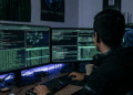 hombre en una computadora con códigos