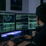 hombre en una computadora con códigos