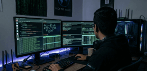 hombre en una computadora con códigos