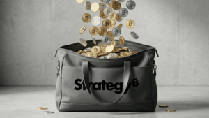 Una "lluvia de bitcoin" cae dentro de una bolsa con el logo de Strategy.