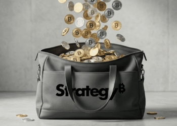 Una "lluvia de bitcoin" cae dentro de una bolsa con el logo de Strategy.