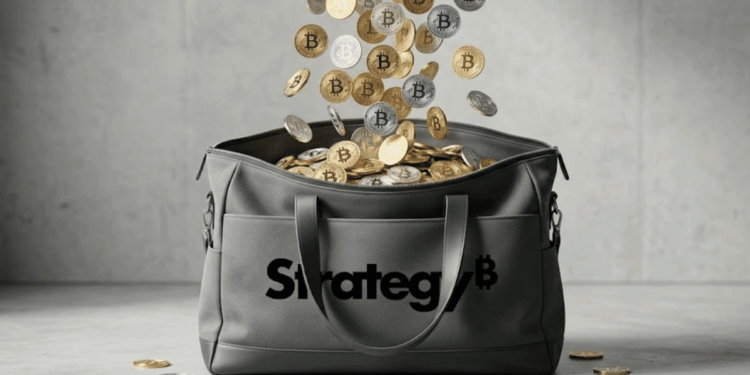 Una "lluvia de bitcoin" cae dentro de una bolsa con el logo de Strategy.