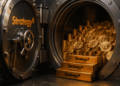 Una caja fuerte con el logo de Strategy llena de monedas de bitcoin,