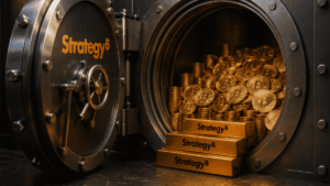Una caja fuerte con el logo de Strategy llena de monedas de bitcoin,