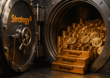 Una caja fuerte con el logo de Strategy llena de monedas de bitcoin,