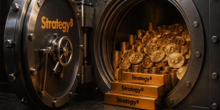 Una caja fuerte con el logo de Strategy llena de monedas de bitcoin,