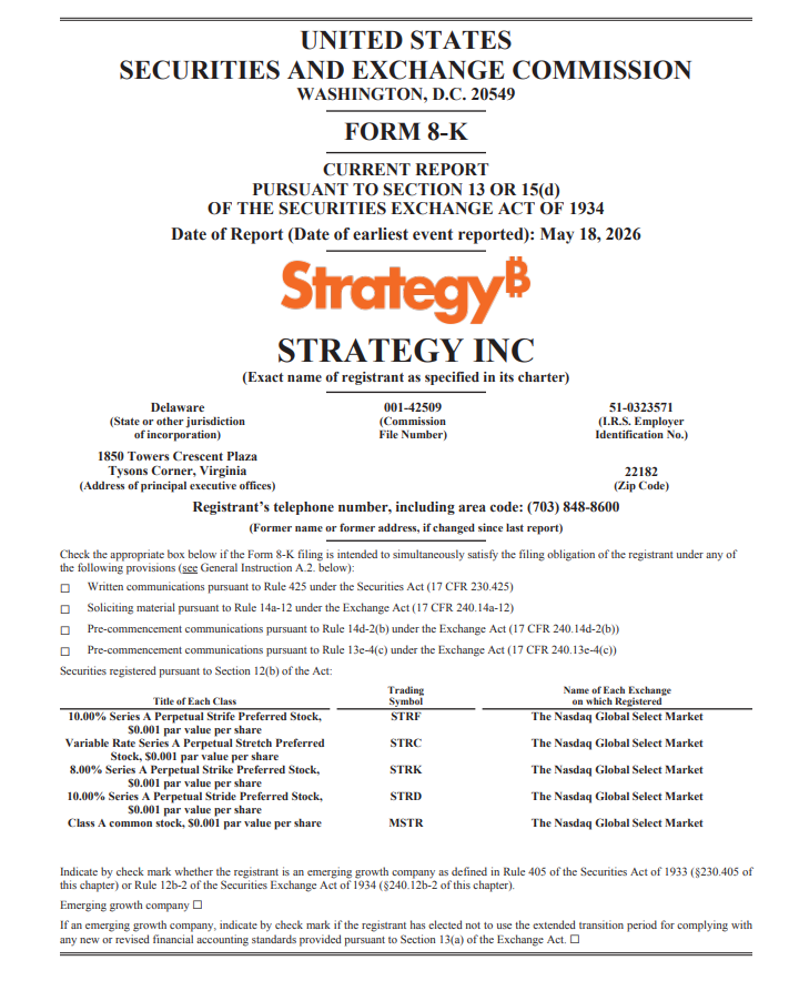 Formulario presentado por Strategy ante la SEC informando su más reciente adquisición de bitcoin.