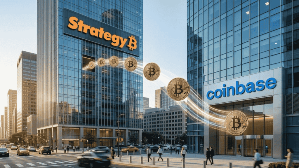 Monedas de bitcoin viajando desde un edificio con el logo de Strategy hacia un edificio con el logo de Coinbase.