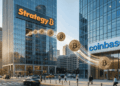 Monedas de bitcoin viajando desde un edificio con el logo de Strategy hacia un edificio con el logo de Coinbase.