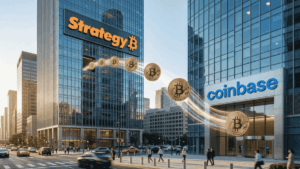 Monedas de bitcoin viajando desde un edificio con el logo de Strategy hacia un edificio con el logo de Coinbase.