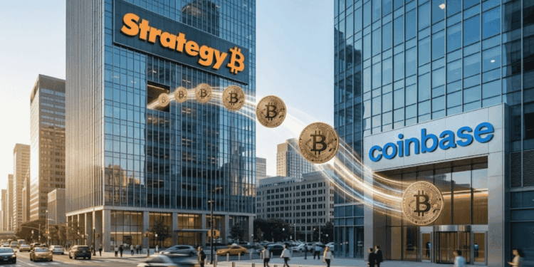 Monedas de bitcoin viajando desde un edificio con el logo de Strategy hacia un edificio con el logo de Coinbase.