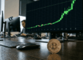 Monitor de computadora sobre una mesa con un gráfico verde alcista. En la mesa hay una moneda física de bitcoin.