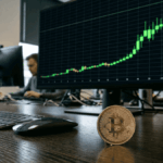 Monitor de computadora sobre una mesa con un gráfico verde alcista. En la mesa hay una moneda física de bitcoin.