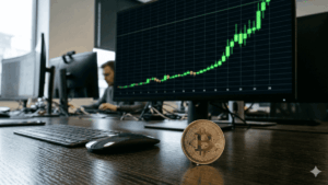 Monitor de computadora sobre una mesa con un gráfico verde alcista. En la mesa hay una moneda física de bitcoin.