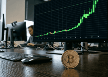 Monitor de computadora sobre una mesa con un gráfico verde alcista. En la mesa hay una moneda física de bitcoin.