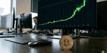 Monitor de computadora sobre una mesa con un gráfico verde alcista. En la mesa hay una moneda física de bitcoin.