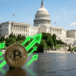 En primer plano: moneda de bitcoin con flechas verdes subiendo. En el fondo: Congreso de Estados Unidos.