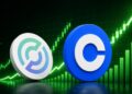 Dos monedas con el logo de Circle y Coinbase delante de un gráfico de precios.