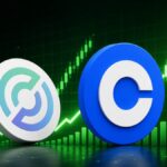 Dos monedas con el logo de Circle y Coinbase delante de un gráfico de precios.