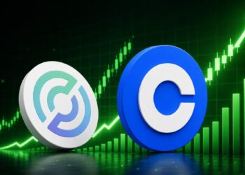 Dos monedas con el logo de Circle y Coinbase delante de un gráfico de precios.