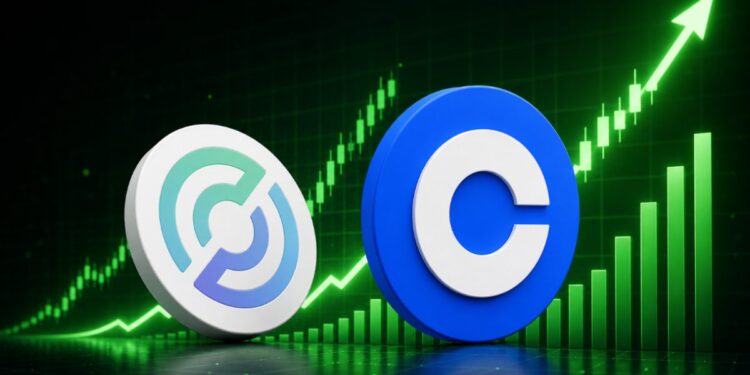 Dos monedas con el logo de Circle y Coinbase delante de un gráfico de precios.