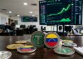 Monedas de USDT con la bandera de Venezuela y gráficas verdes de fondo.