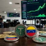 Monedas de USDT con la bandera de Venezuela y gráficas verdes de fondo.
