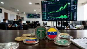 Monedas de USDT con la bandera de Venezuela y gráficas verdes de fondo.