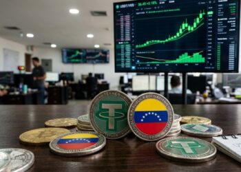 Monedas de USDT con la bandera de Venezuela y gráficas verdes de fondo.