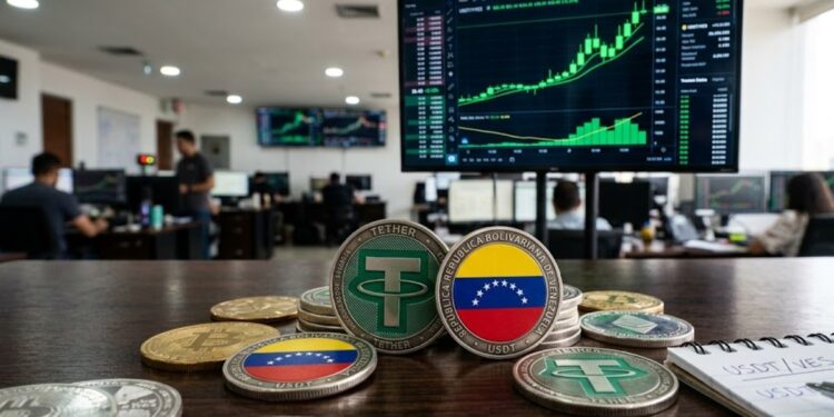 Monedas de USDT con la bandera de Venezuela y gráficas verdes de fondo.